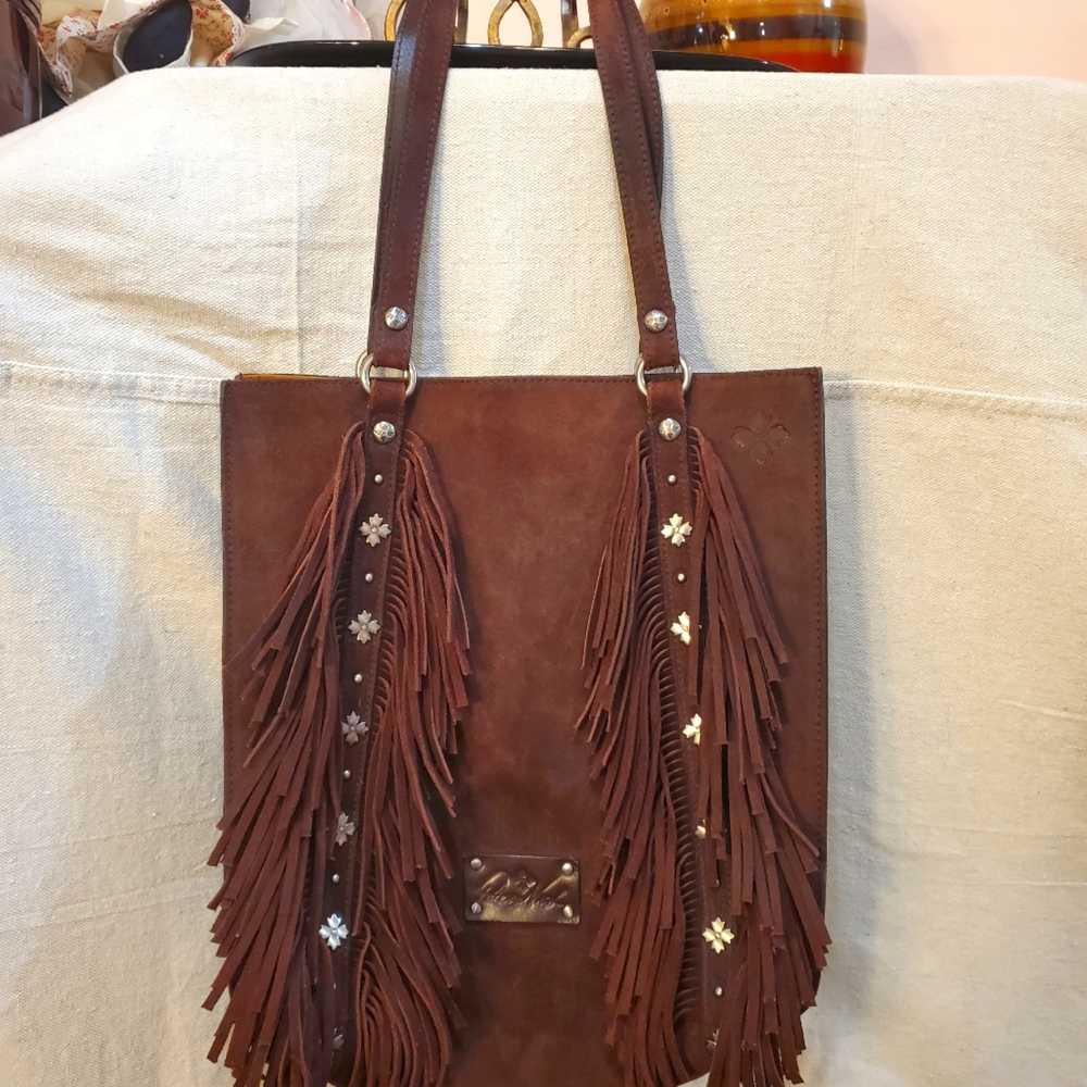 Southwestern style chocolate brown suede Patricia Nash tote bag
